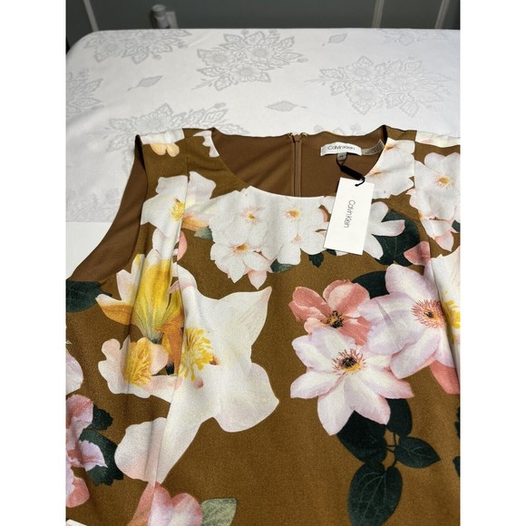 NWT - Calvin Klein Brown Floral Belted Handkerchief Hemline Dress Sz 14 - Picture 6 of 14